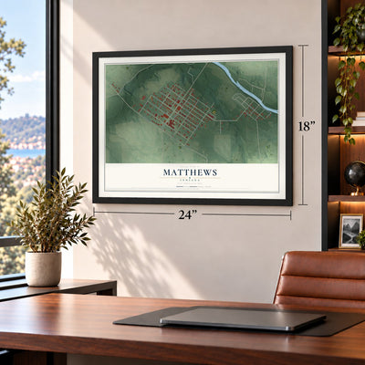 Matthews, Indiana map, 18 x 24 inch print in a black frame in a home office