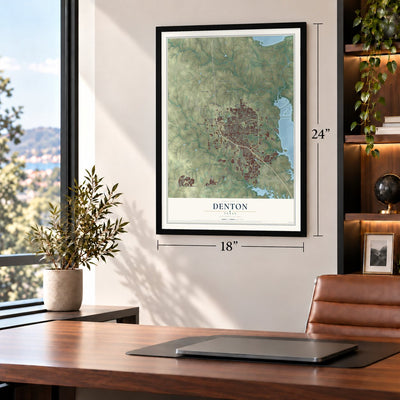 Denton, Texas map, 18 x 24 inch print in a black frame in a home office