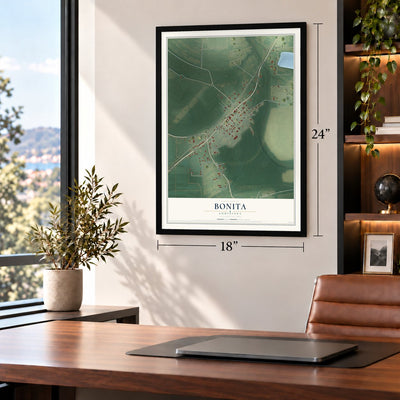 Bonita, Louisiana map, 18 x 24 inch print in a black frame in a home office