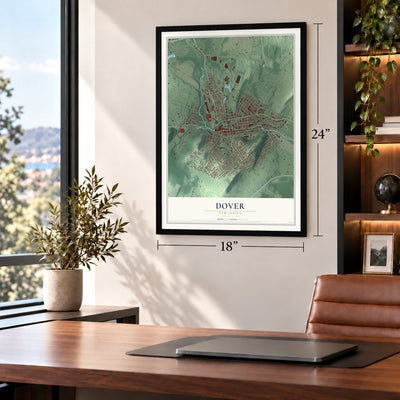 Dover, New Jersey map, 18 x 24 inch print in a black frame in a home office