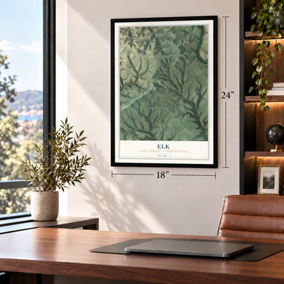Elk, Tioga County, Pennsylvania map, 18 x 24 inch print in a black frame in a home office