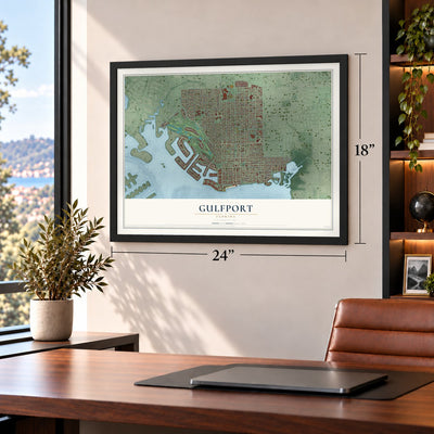 Gulfport, Florida map, 18 x 24 inch print in a black frame in a home office