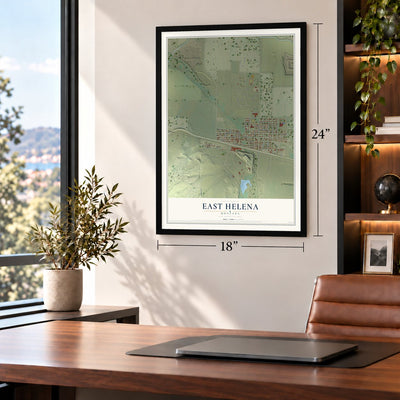 East Helena, Montana map, 18 x 24 inch print in a black frame in a home office