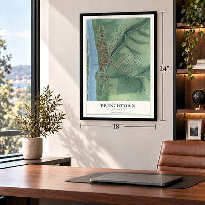 Frenchtown, New Jersey map, 18 x 24 inch print in a black frame in a home office