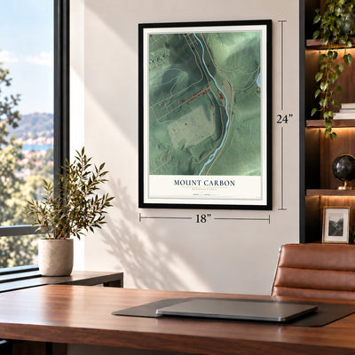 Mount Carbon, Pennsylvania map, 18 x 24 inch print in a black frame in a home office