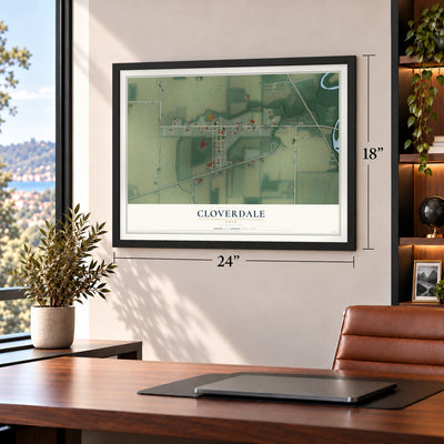 Cloverdale, Ohio map, 18 x 24 inch print in a black frame in a home office