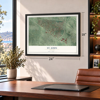 St. John, Missouri map, 18 x 24 inch print in a black frame in a home office