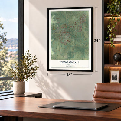 Tonganoxie, Kansas map, 18 x 24 inch print in a black frame in a home office