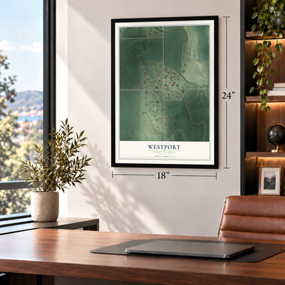 Westport, South Dakota map, 18 x 24 inch print in a black frame in a home office