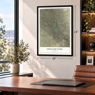 Sunland Park, New Mexico map, 18 x 24 inch print in a black frame in a home office