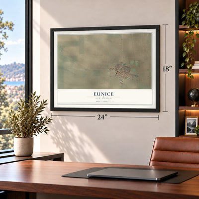 Eunice, New Mexico map, 18 x 24 inch print in a black frame in a home office