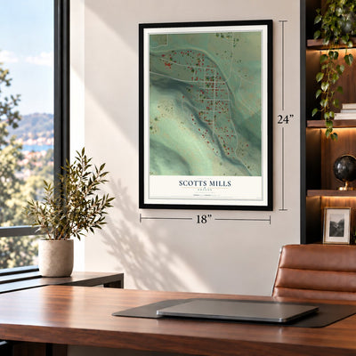 Scotts Mills, Oregon map, 18 x 24 inch print in a black frame in a home office