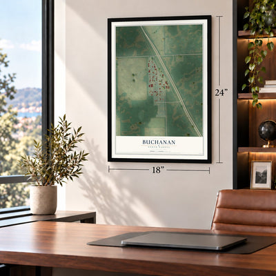 Buchanan, North Dakota map, 18 x 24 inch print in a black frame in a home office