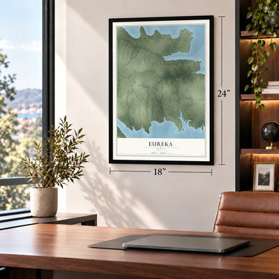 Eureka, Texas map, 18 x 24 inch print in a black frame in a home office