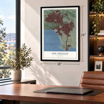 Los Angeles, California map, 18 x 24 inch print in a black frame in a home office
