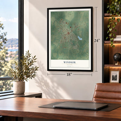 Windsor, Missouri map, 18 x 24 inch print in a black frame in a home office