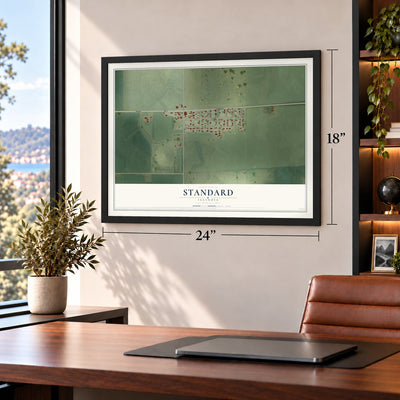 Standard, Illinois map, 18 x 24 inch print in a black frame in a home office
