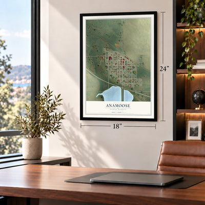 Anamoose, North Dakota map, 18 x 24 inch print in a black frame in a home office