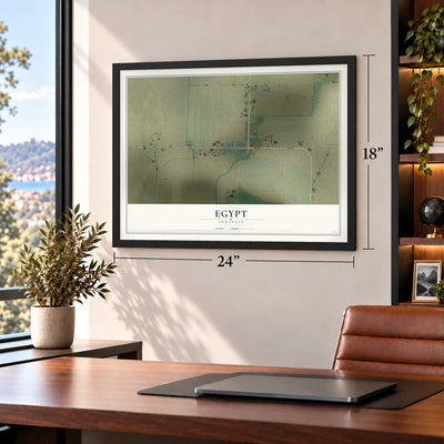 Egypt, Arkansas map, 18 x 24 inch print in a black frame in a home office