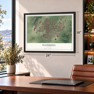 Woodburn, Oregon map, 18 x 24 inch print in a black frame in a home office