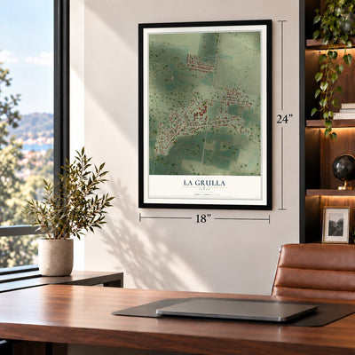 La Grulla, Texas map, 18 x 24 inch print in a black frame in a home office