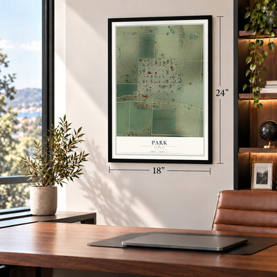 Park, Kansas map, 18 x 24 inch print in a black frame in a home office