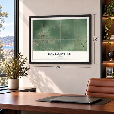 Damiansville, Illinois map, 18 x 24 inch print in a black frame in a home office