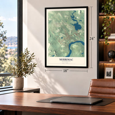 Merrimac, Massachusetts map, 18 x 24 inch print in a black frame in a home office