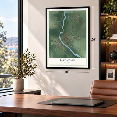 Dimondale, Michigan map, 18 x 24 inch print in a black frame in a home office