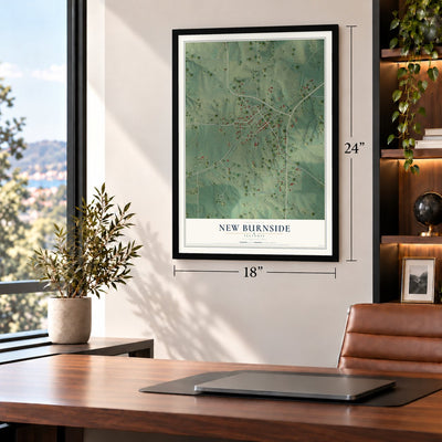 New Burnside, Illinois map, 18 x 24 inch print in a black frame in a home office