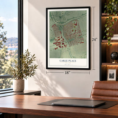 Carle Place, New York map, 18 x 24 inch print in a black frame in a home office