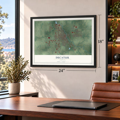 Decatur, Indiana map, 18 x 24 inch print in a black frame in a home office