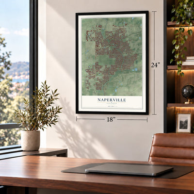 Naperville, Illinois map, 18 x 24 inch print in a black frame in a home office