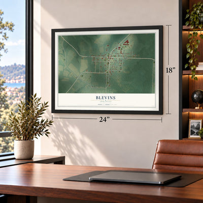 Blevins, Arkansas map, 18 x 24 inch print in a black frame in a home office