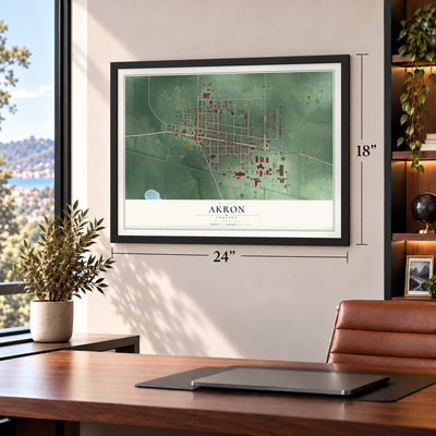 Akron, Indiana map, 18 x 24 inch print in a black frame in a home office