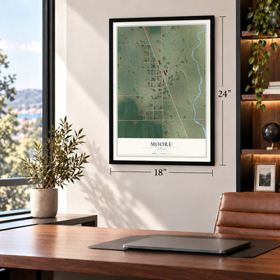 Moore, Idaho map, 18 x 24 inch print in a black frame in a home office