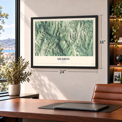 Sharon, Vermont map, 18 x 24 inch print in a black frame in a home office
