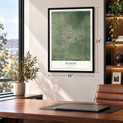 Walker, Missouri map, 18 x 24 inch print in a black frame in a home office