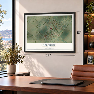 Nordheim, Texas map, 18 x 24 inch print in a black frame in a home office