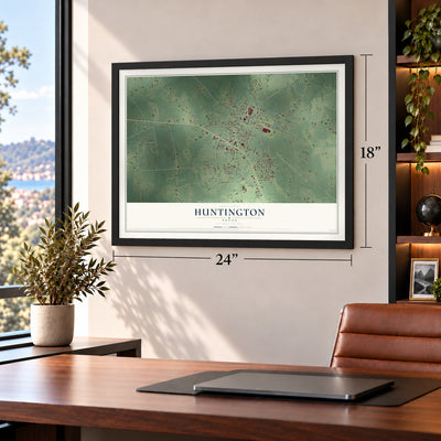 Huntington, Texas map, 18 x 24 inch print in a black frame in a home office