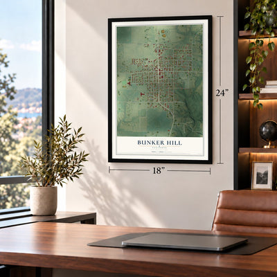 Bunker Hill, Illinois map, 18 x 24 inch print in a black frame in a home office