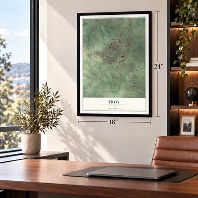 Troy, Missouri map, 18 x 24 inch print in a black frame in a home office