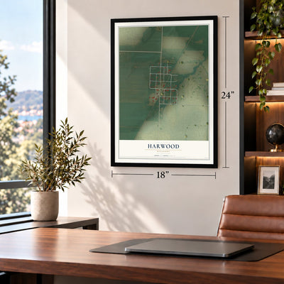 Harwood, Missouri map, 18 x 24 inch print in a black frame in a home office