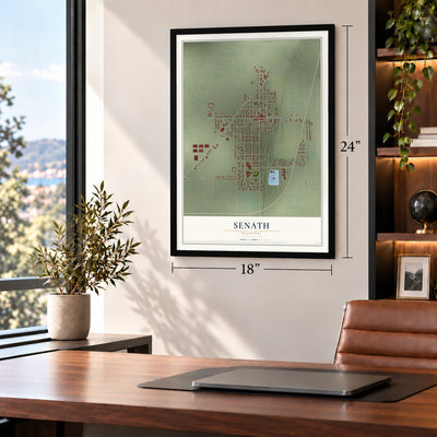 Senath, Missouri map, 18 x 24 inch print in a black frame in a home office