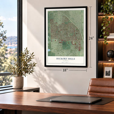 Hickory Hills, Illinois map, 18 x 24 inch print in a black frame in a home office