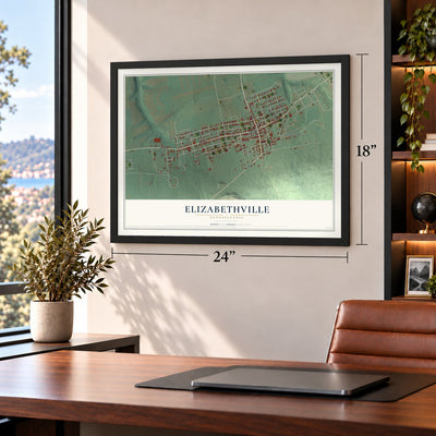 Elizabethville, Pennsylvania map, 18 x 24 inch print in a black frame in a home office