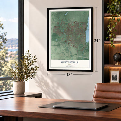 Westerville, Ohio map, 18 x 24 inch print in a black frame in a home office