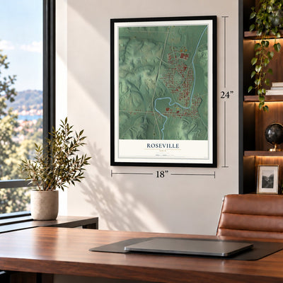 Roseville, Ohio map, 18 x 24 inch print in a black frame in a home office