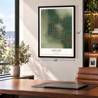Zeeland, North Dakota map, 18 x 24 inch print in a black frame in a home office