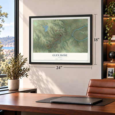 Glen Rose, Texas map, 18 x 24 inch print in a black frame in a home office